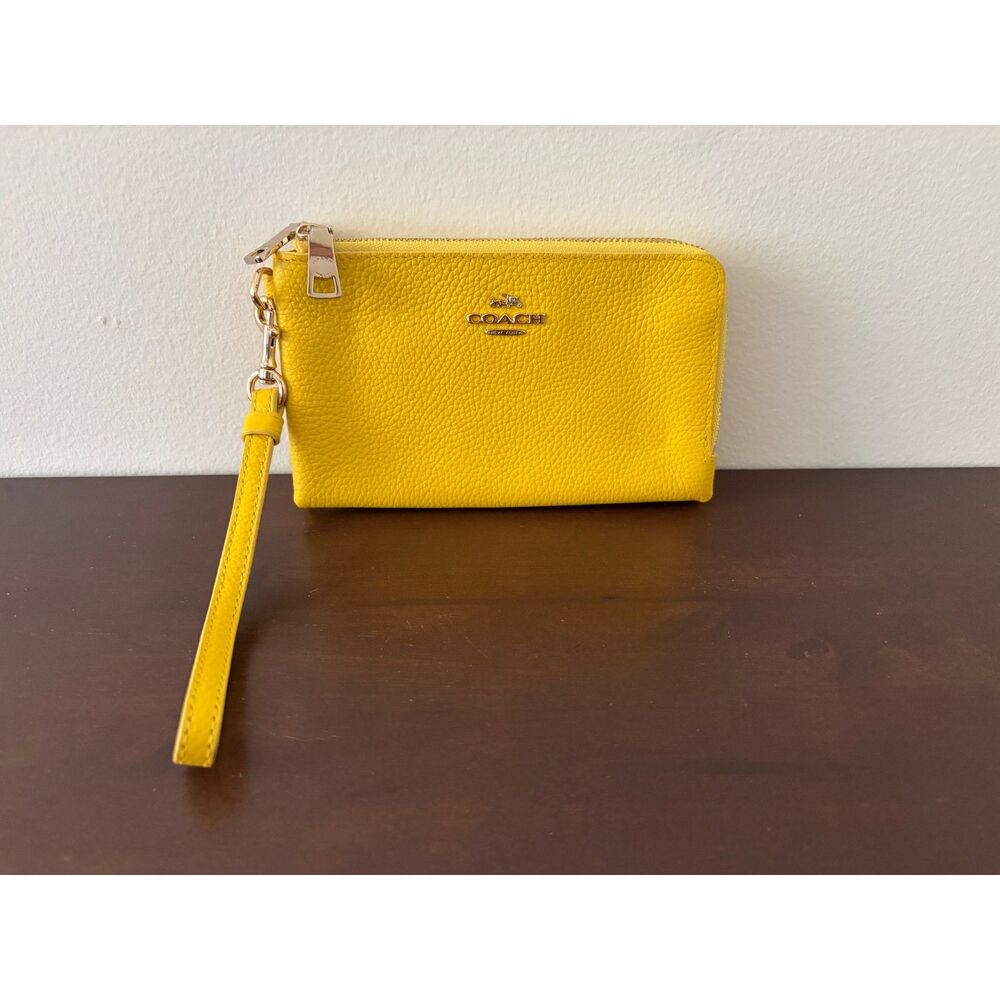 Coach 53090 Double Corner Zip Wristlet Yellow Pebbled Leather